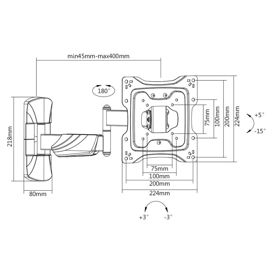 Full Motion Extendable TV wall bracket for Screens up to 25kg (Black or