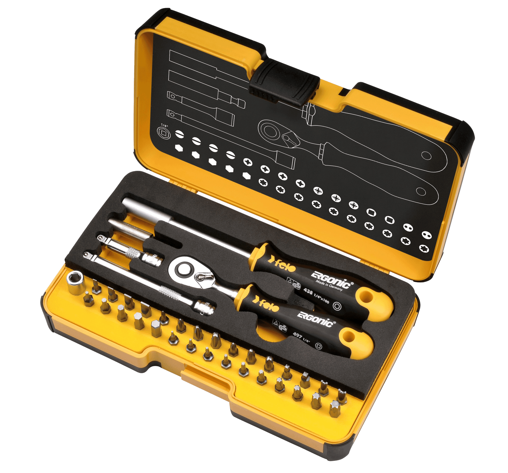 Felo XL-Strongbox R-Go 1/4-Inch Tool Set 36-Pcs SL/HEX/PH/PZ/TORX/SQ/SPANNER
