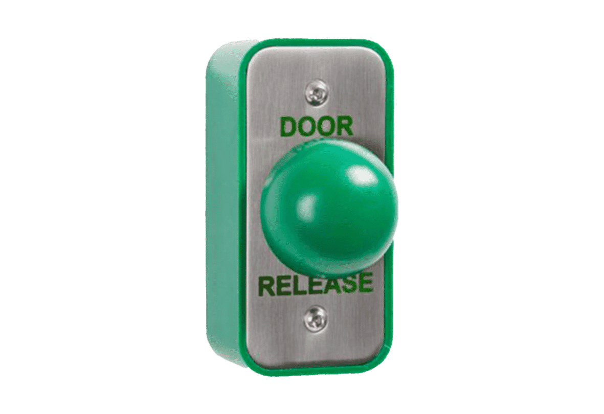 RGL EBGB/AP/DR Slim Stainless Steel Door-Release Green Mushroom Button IP66