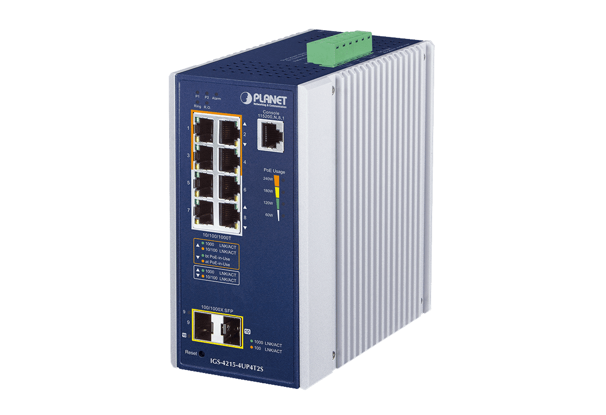 Planet IGS-4215-4UP4T2S 8-Port Industrial Gigabit Switch (4 x PoE 802.3bt 95W)