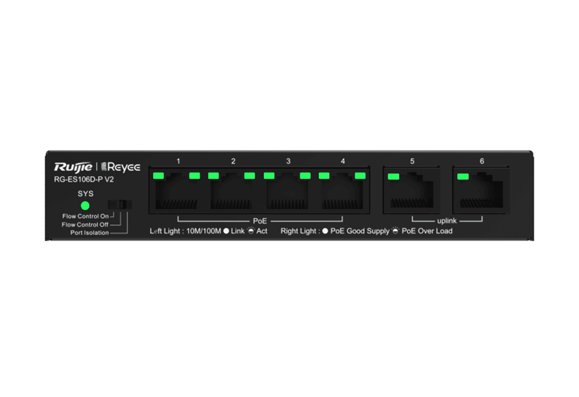Ruijie RG-ES106D-P V2 Reyee 6-port 10/100Mbps Unmanaged 54W PoE+ Desktop Switch